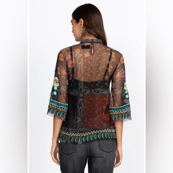 Johnny Was Renley Black Brown Blouse Sheer Mesh Floral Embroidered Size  XS - Picture 2 of 10